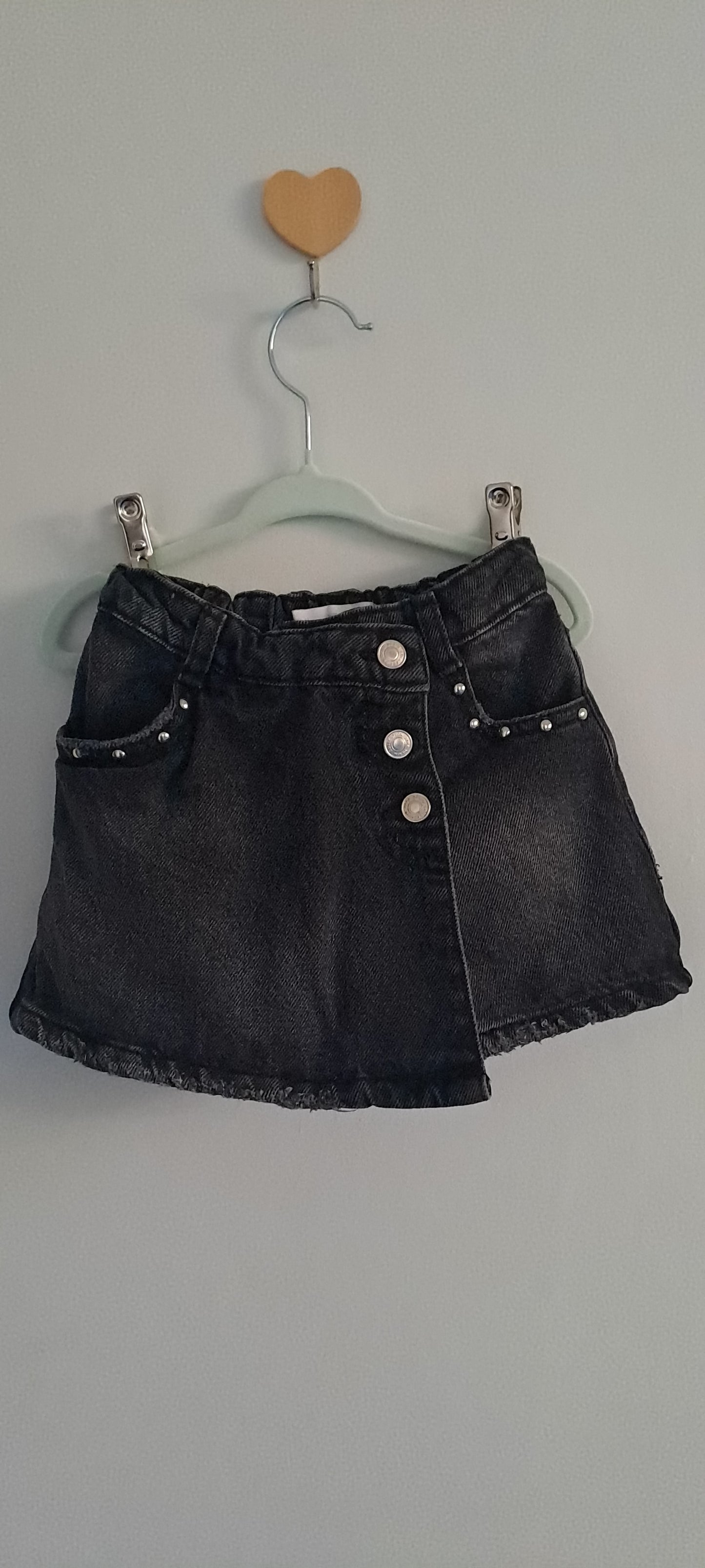 Zara Kids Girl Washed Black Denim Asymmetric Studded Skort 4-5 Years