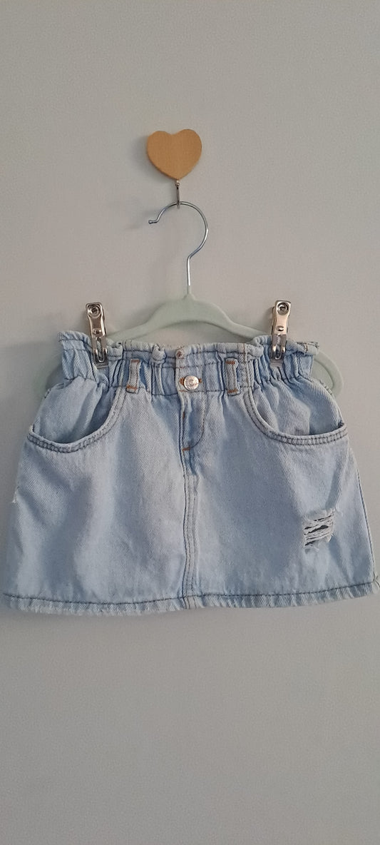 Zara Kids Girl Light Wash Distressed Denim Paperbag Waist Skirt 2-3 Years