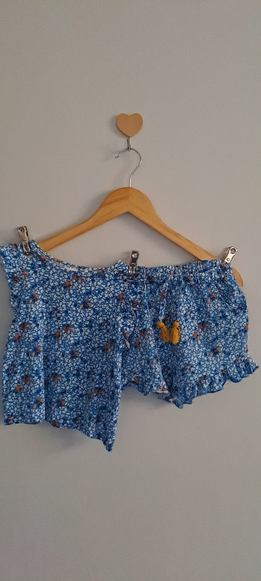 Next Toddler Girl Blue Floral Top and Ruffle Shorts Matching Two-Piece Set 1-2 Years