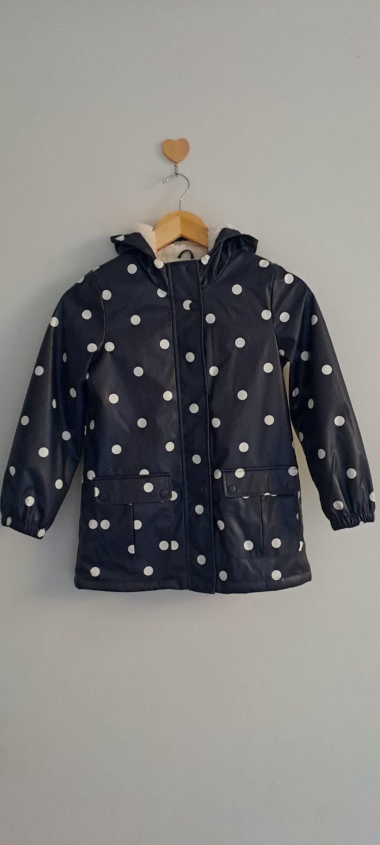 Next Girls Polka Dot Navy Fleece-Lined Rain Jacket 7-8 Years
