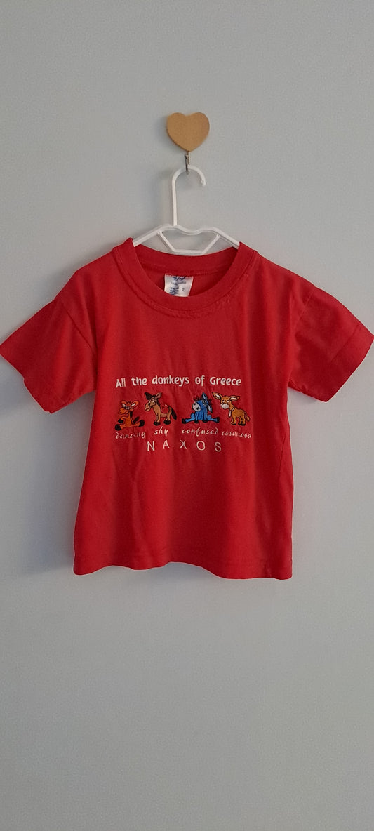 Vintage Naxos Greece "All the Donkeys of Greece" Red Graphic T-Shirt 18-24 Months