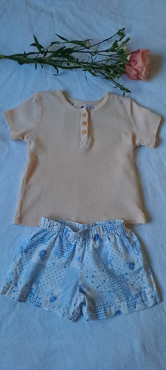 Cotton On Kids Toddler Ribbed Henley Top & Blue Patterned Shorts Set 18-24 Months