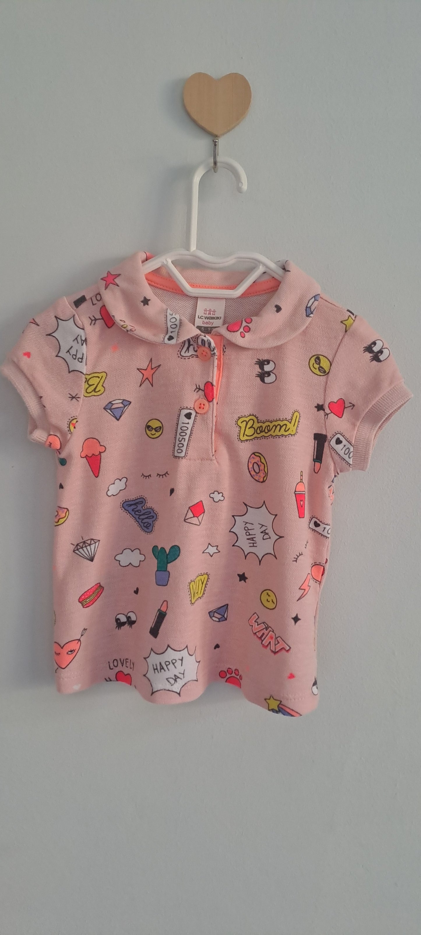 LC Waikiki Baby Girl Pink Doodle Pop Art Polo Shirt 6-9 Months
