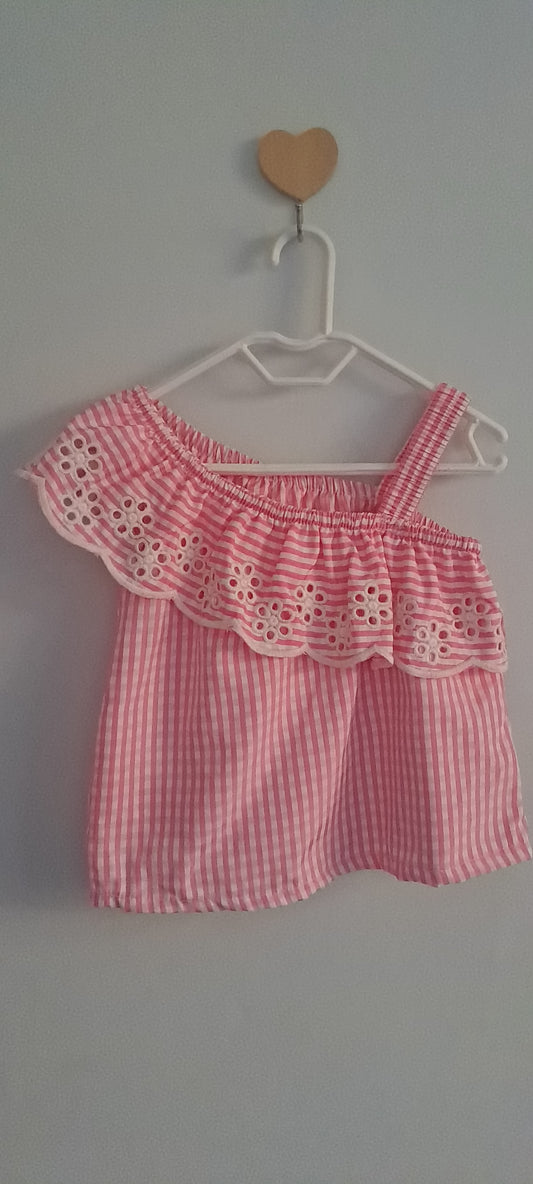 Ackermans Baby Girl Pink Gingham Asymmetrical Eyelet Ruffle Top 3-6 Months