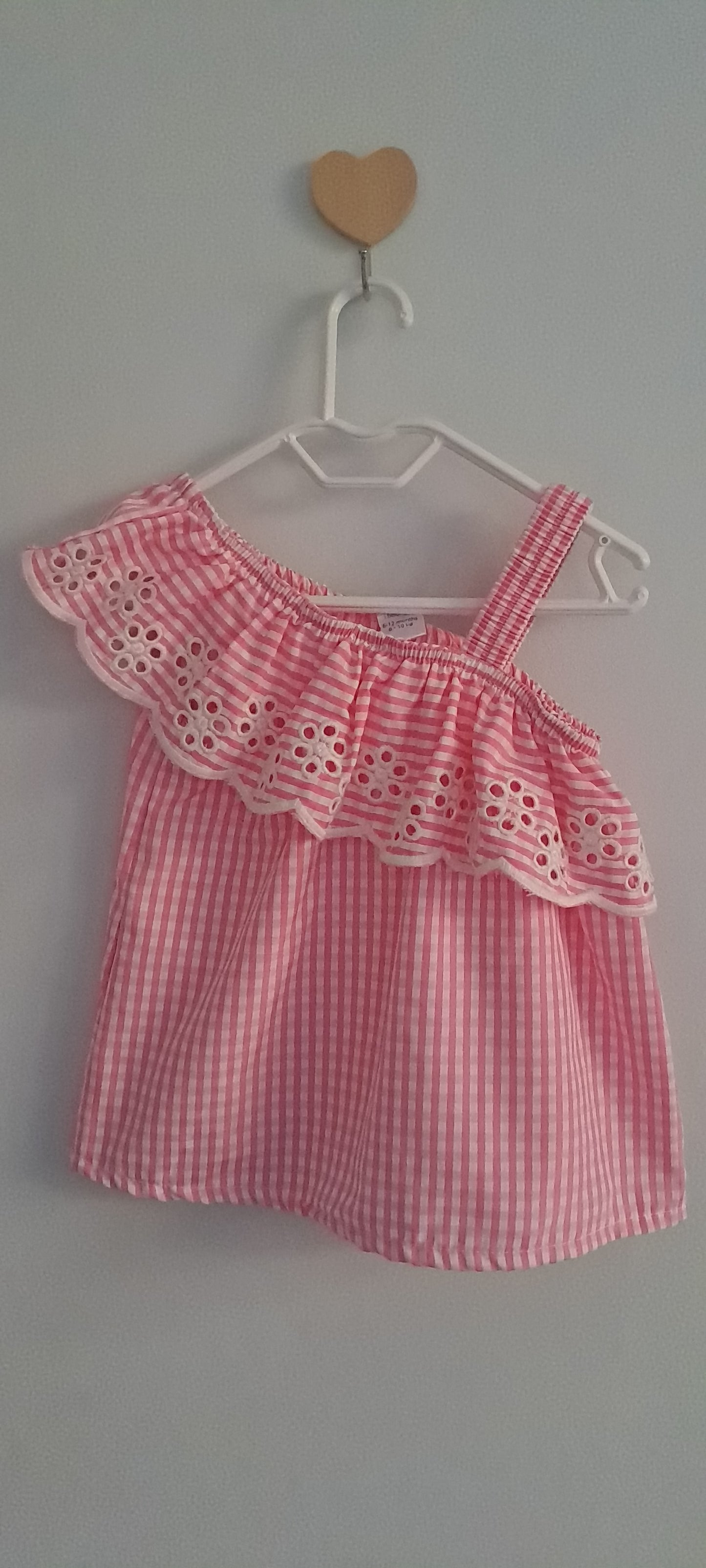 Ackermans Baby Girl Pink Gingham Asymmetrical Eyelet Ruffle Top 6-12 Months