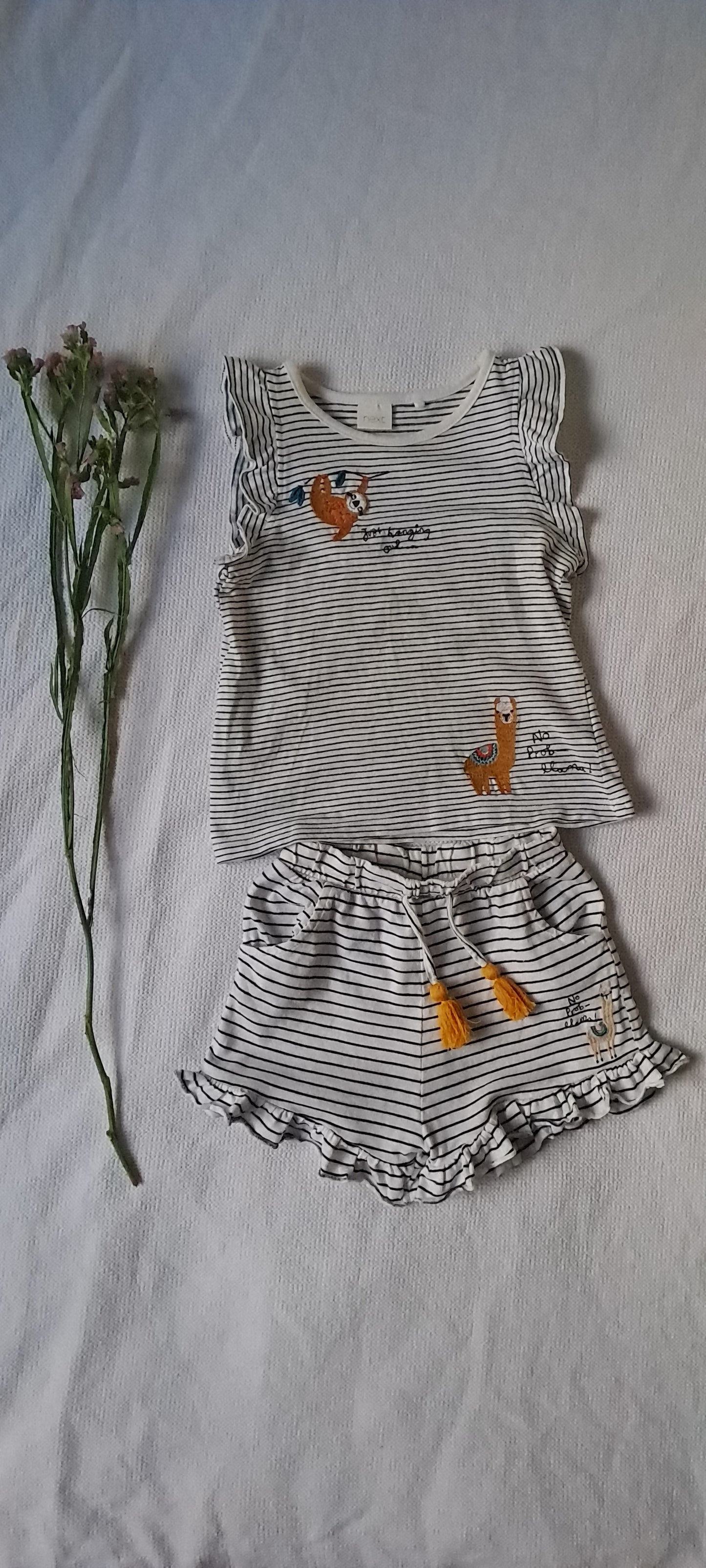 Next Baby Girl Striped Llama & Sloth Top & Ruffle Shorts Set 18-24 Months
