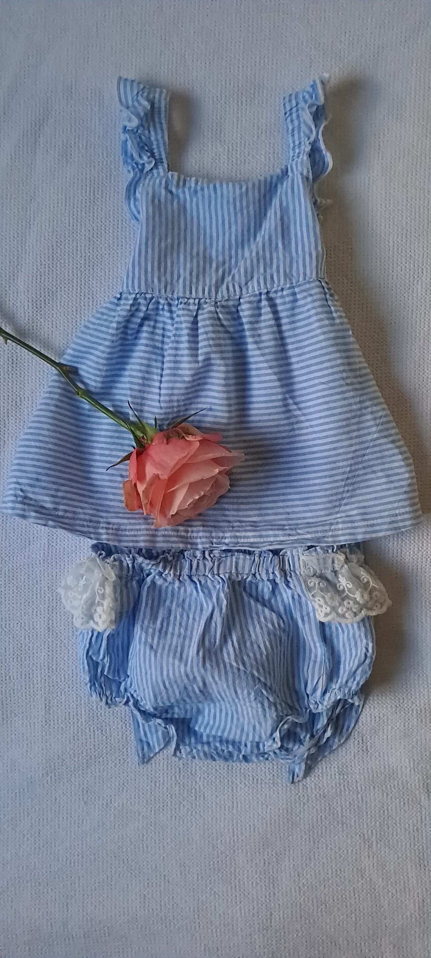 Baby Girl Blue Striped Ruffle Dress & Lace Bloomer Set 12-18 Months