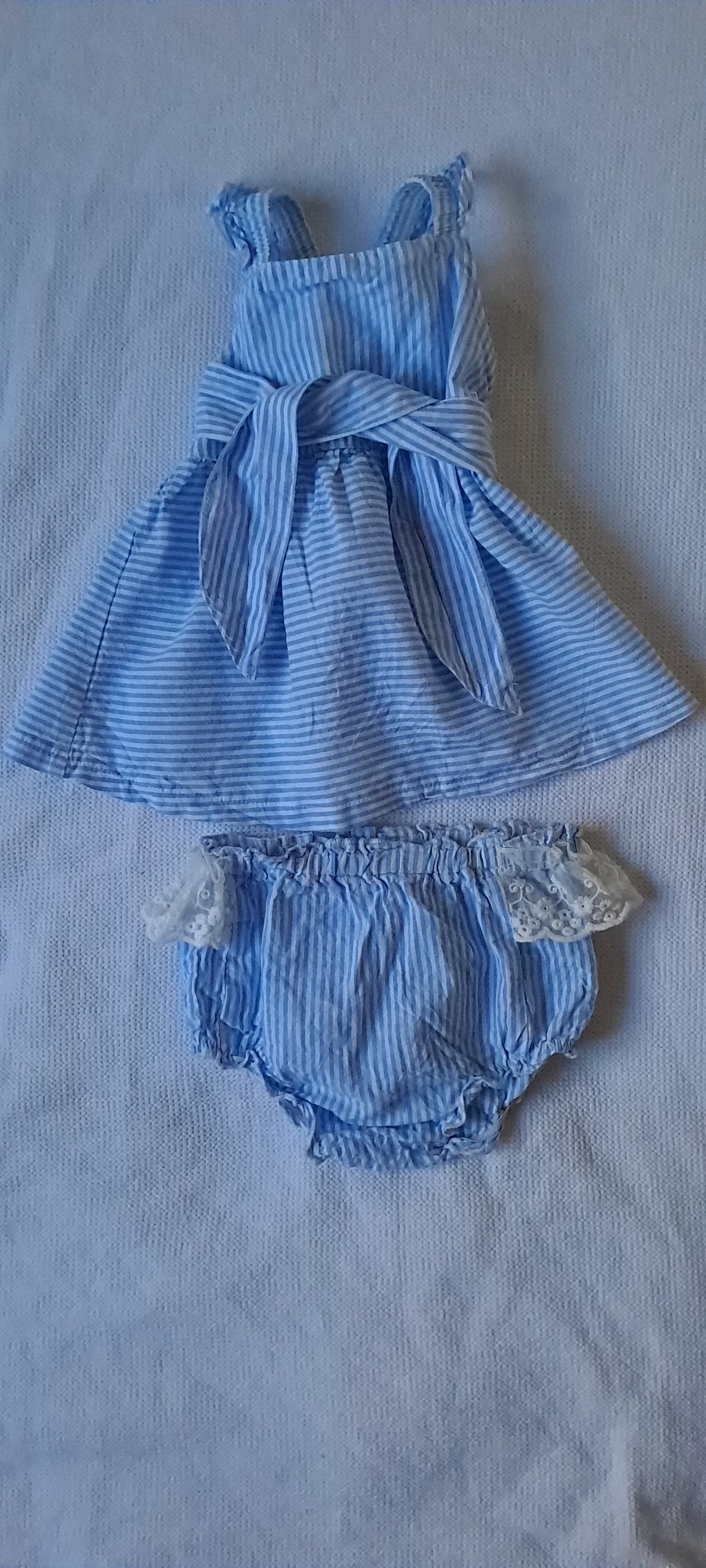 Baby Girl Blue Striped Ruffle Dress & Lace Bloomer Set 12-18 Months