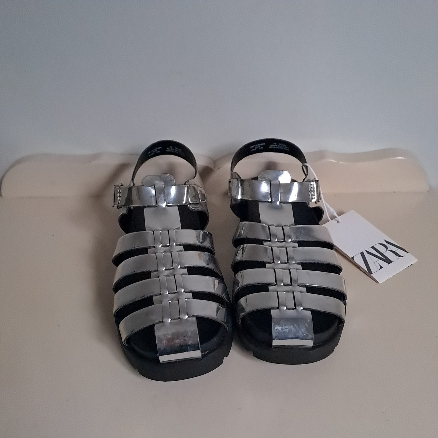 Zara Kids Metallic Silver Fisherman Cage Sandals UK/SA 10 (EU 28) - New with Tags