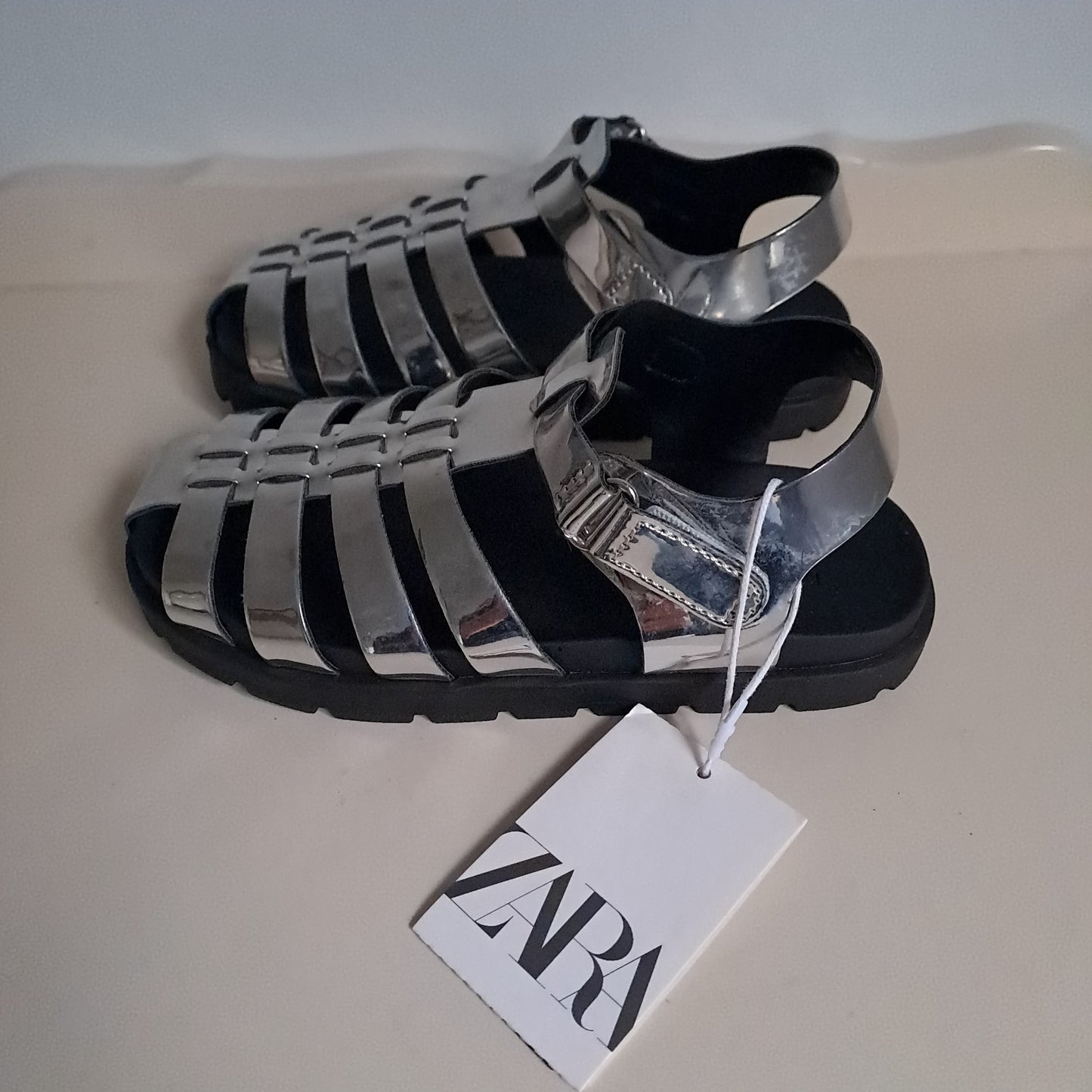 Zara Kids Metallic Silver Fisherman Cage Sandals UK/SA 10 (EU 28) - New with Tags