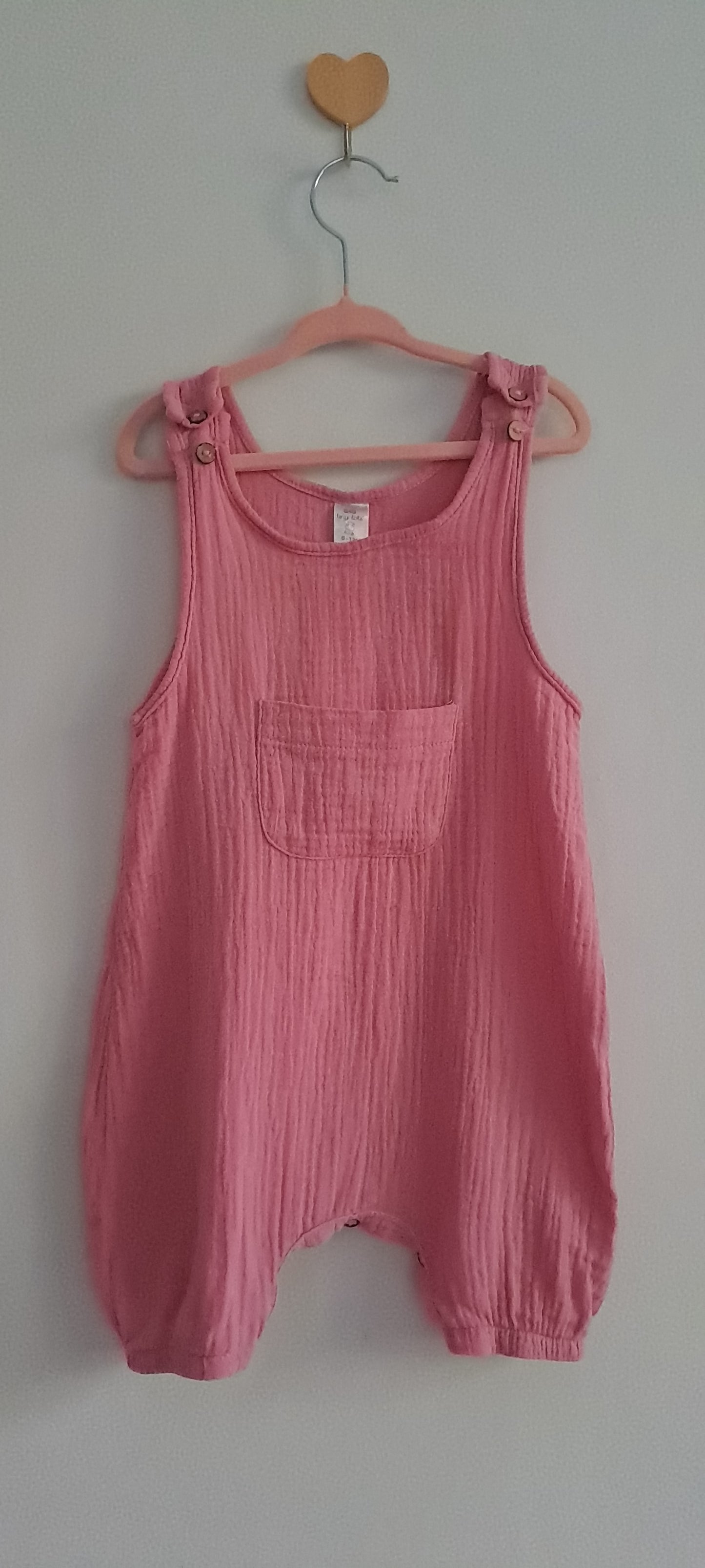 Tiny Tots Rose Pink Cotton Muslin Dungaree Romper 6-12 Months