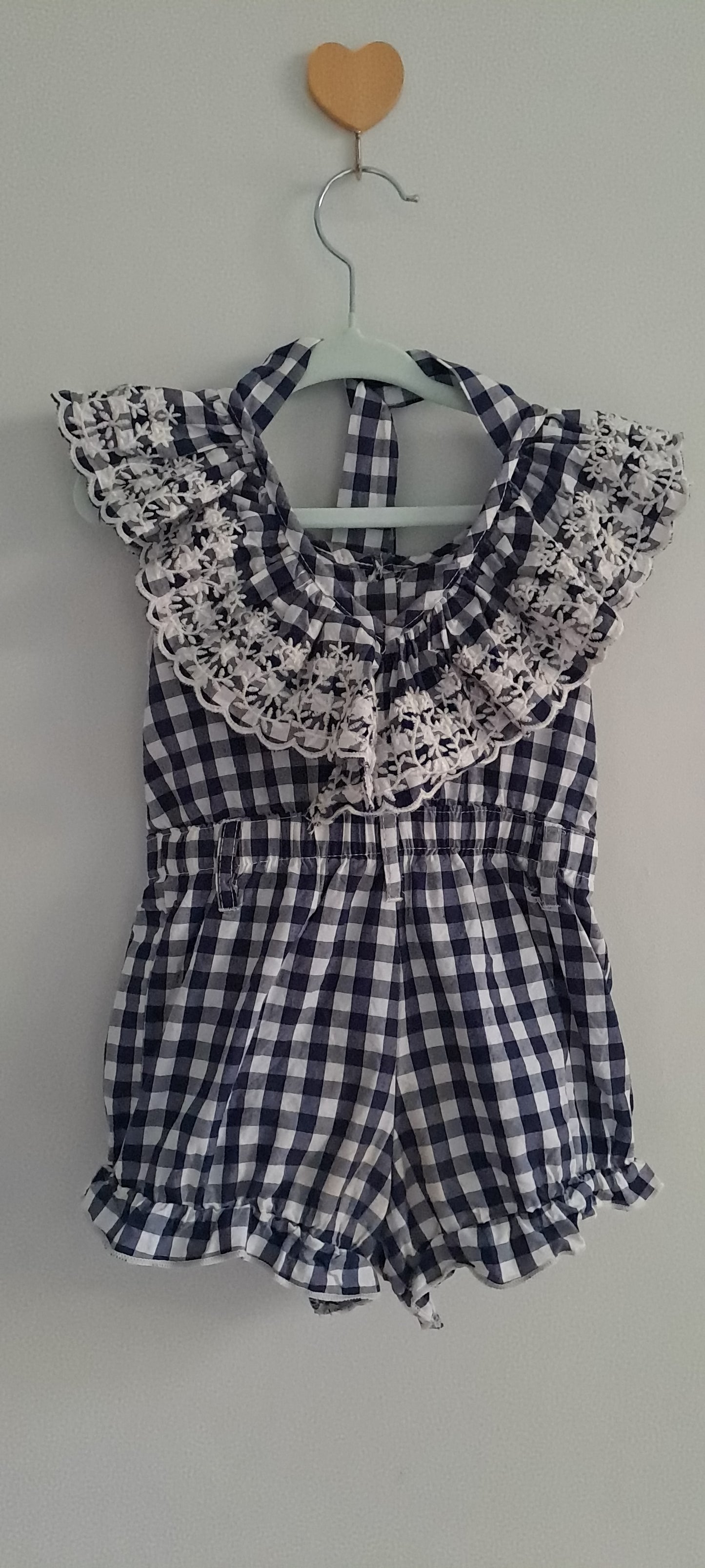 Boutique Navy & White Gingham Halterneck Romper with Eyelet Lace Collar 12-18 Months