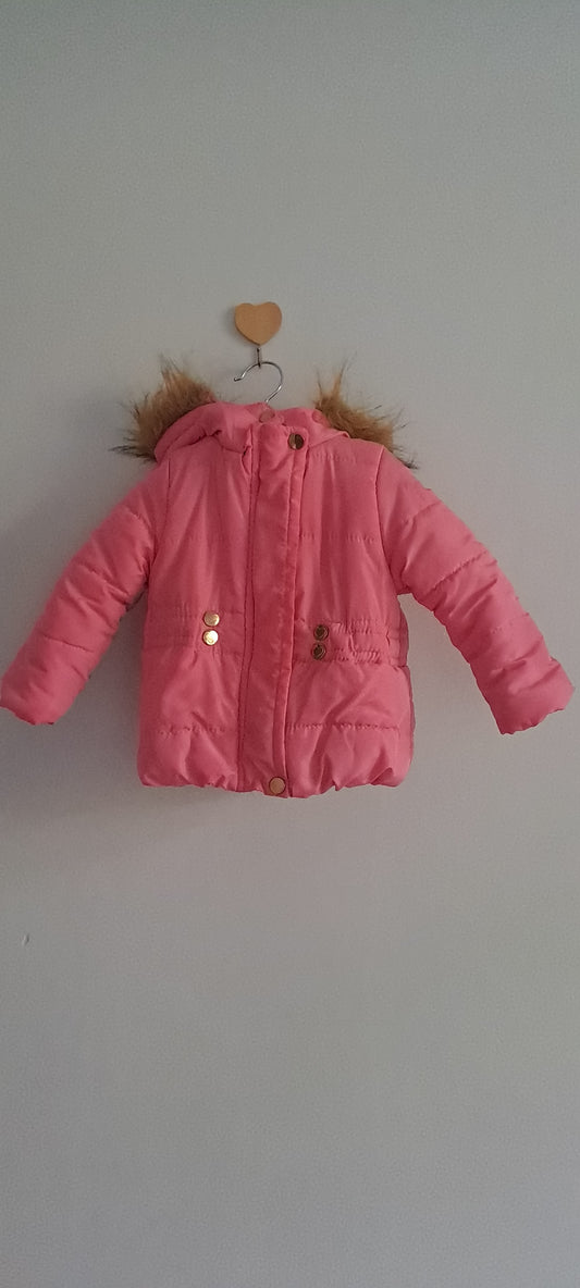 Cuddlesome Pink Puffer Jacket with Faux-Fur Hood 12-18 Months