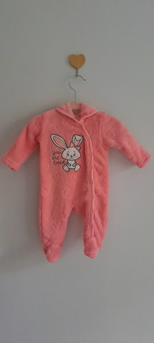 Cuddlesome Pink Fleece Hooded Babygrow with Bunny Embroidery Newborn