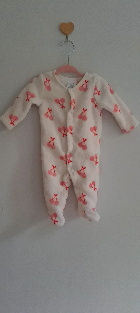 Cuddlesome Cream Fleece Cherry Pattern Babygrow Sleepsuit 0-3 Months