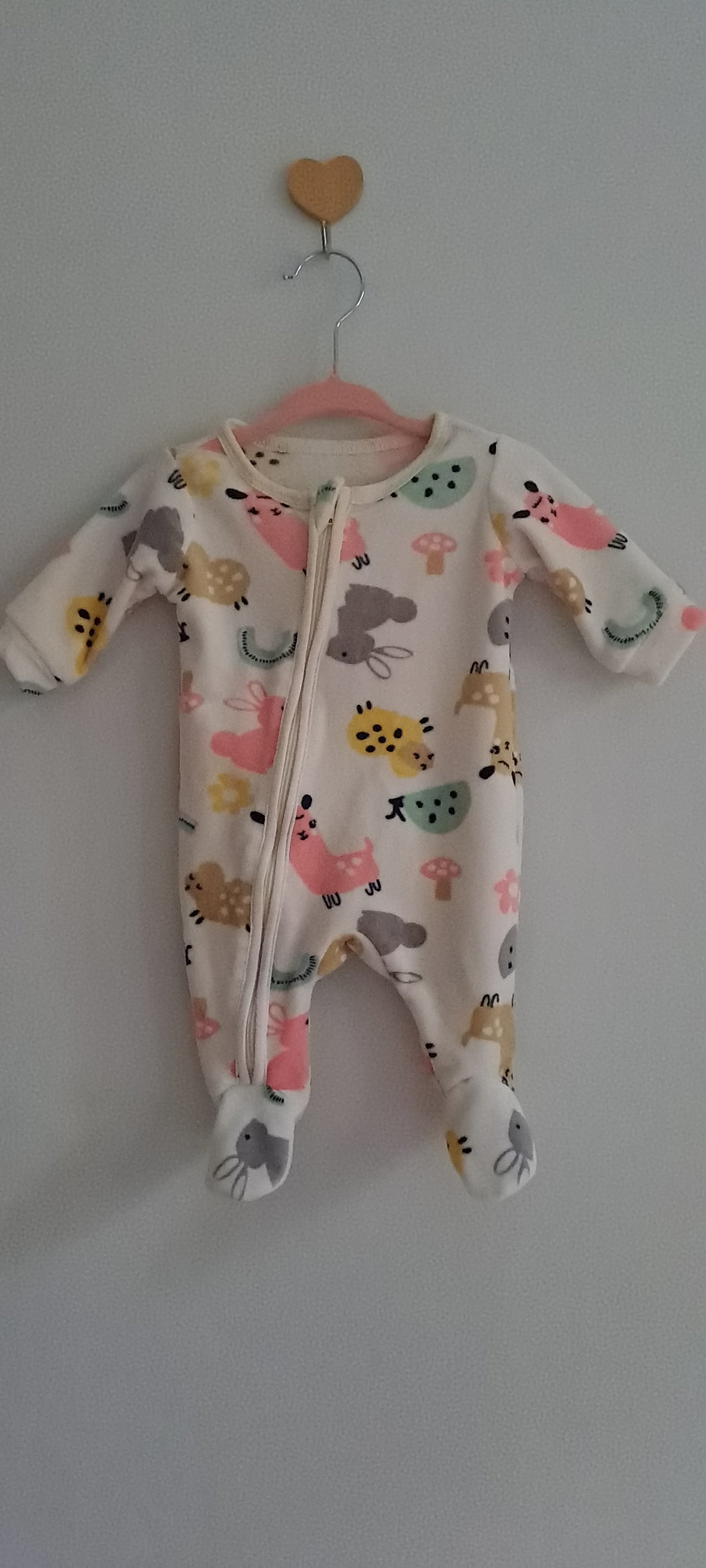 Woolworths Cream Animal & Woodland Pattern Fleece Zip Babygrow Newborn