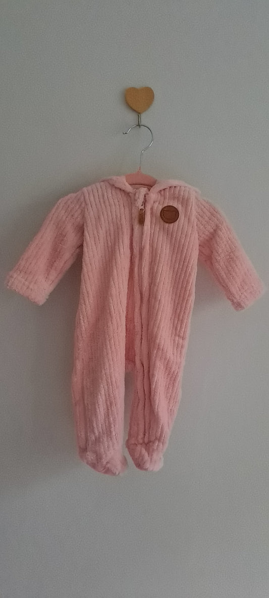 Ackermans Light Pink Ribbed Fleece Hooded Jumpsuit 0-3 Months