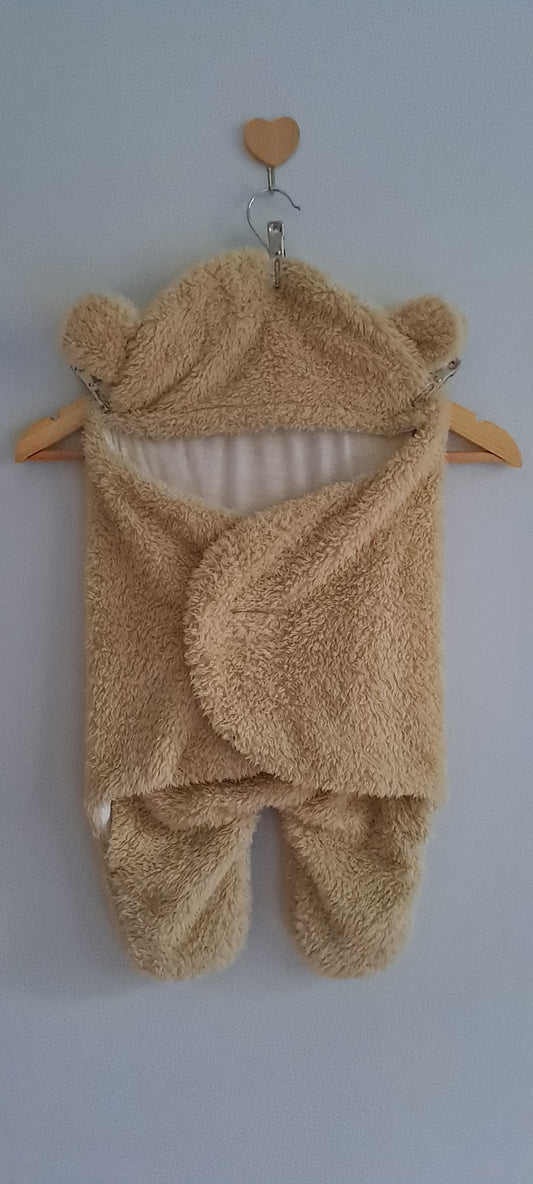 Beige Fluffy Sherpa Hooded Teddy Bear Swaddle Wrap Blanket 0-3 Months