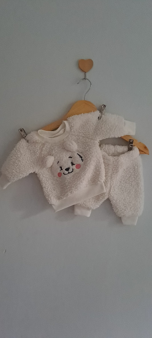 Cuddlesome Cream Fluffy Sherpa Bear 2-Piece Sweatshirt & Pants Set Newborn