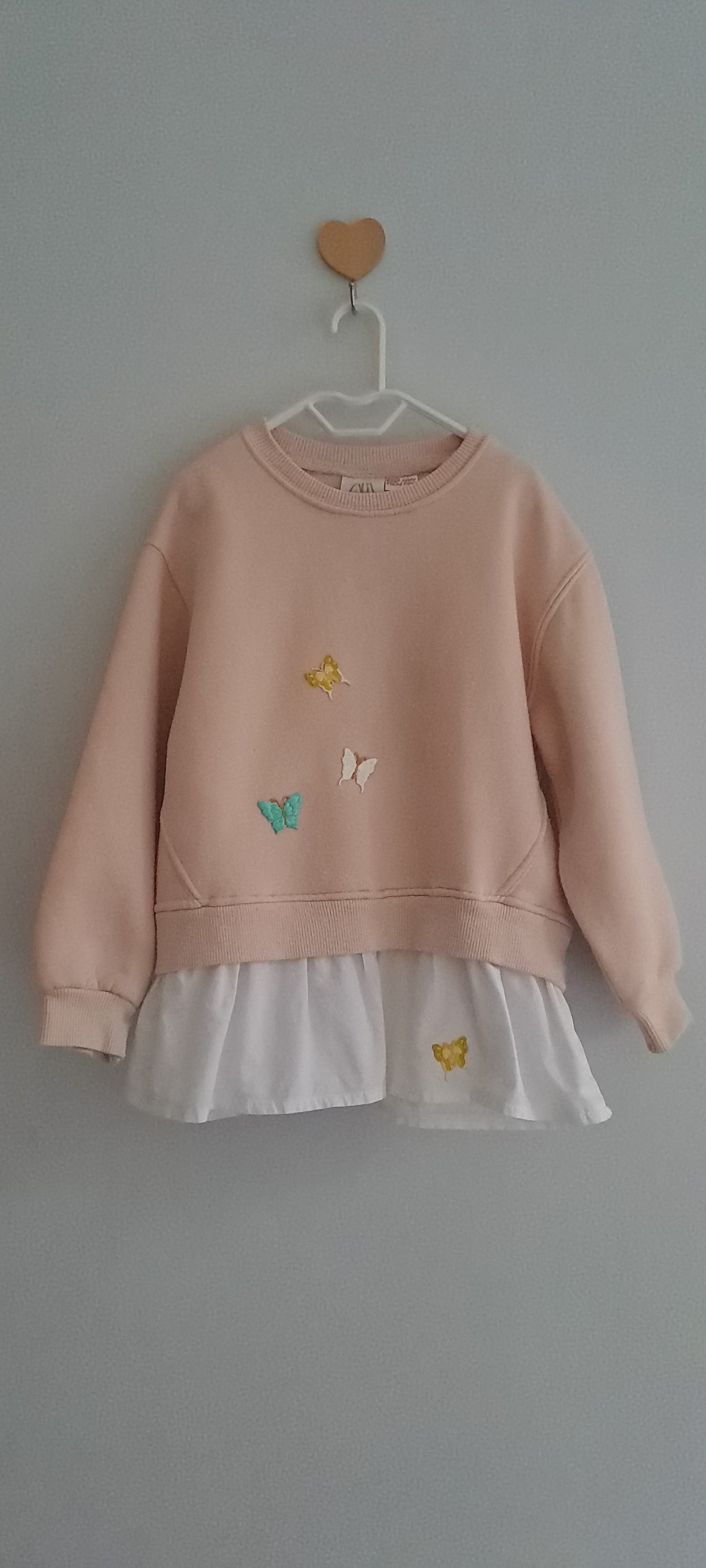 Zara Kids Girls Upcycled Butterfly Embroidered Mock-Layer Sweatshirt Pastel Pink 4-5 Years
