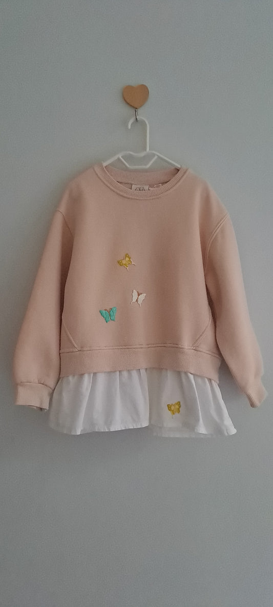 Zara Kids Girls Upcycled Butterfly Embroidered Mock-Layer Sweatshirt Pastel Pink 4-5 Years