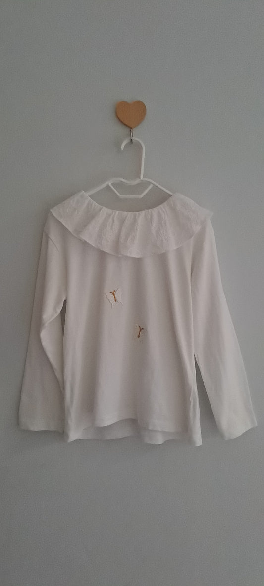 Zara Kids Girls Upcycled Broderie Statement Collar Long-Sleeve Top White 2-3 Years