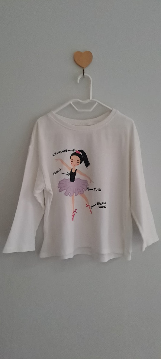 Zara Kids Girls Ballerina Graphic Long-Sleeve Top White 2-3 Years