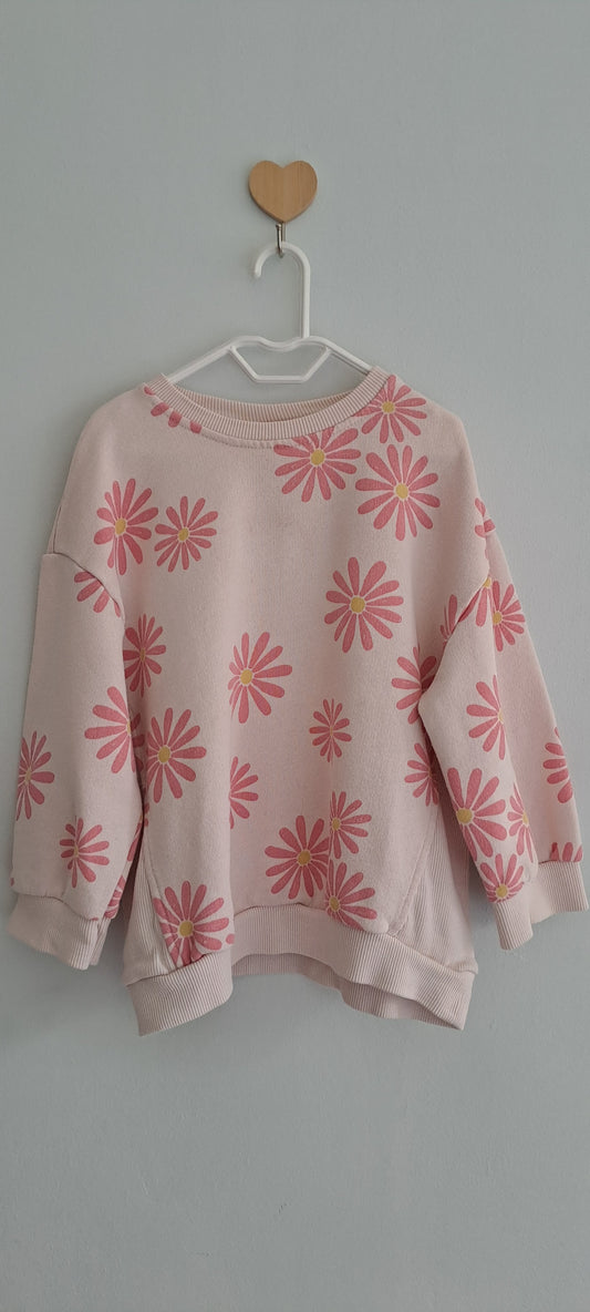 Zara Kids Girls Floral Daisy Knit Oversized Sweatshirt Pastel Pink 2-3 Years