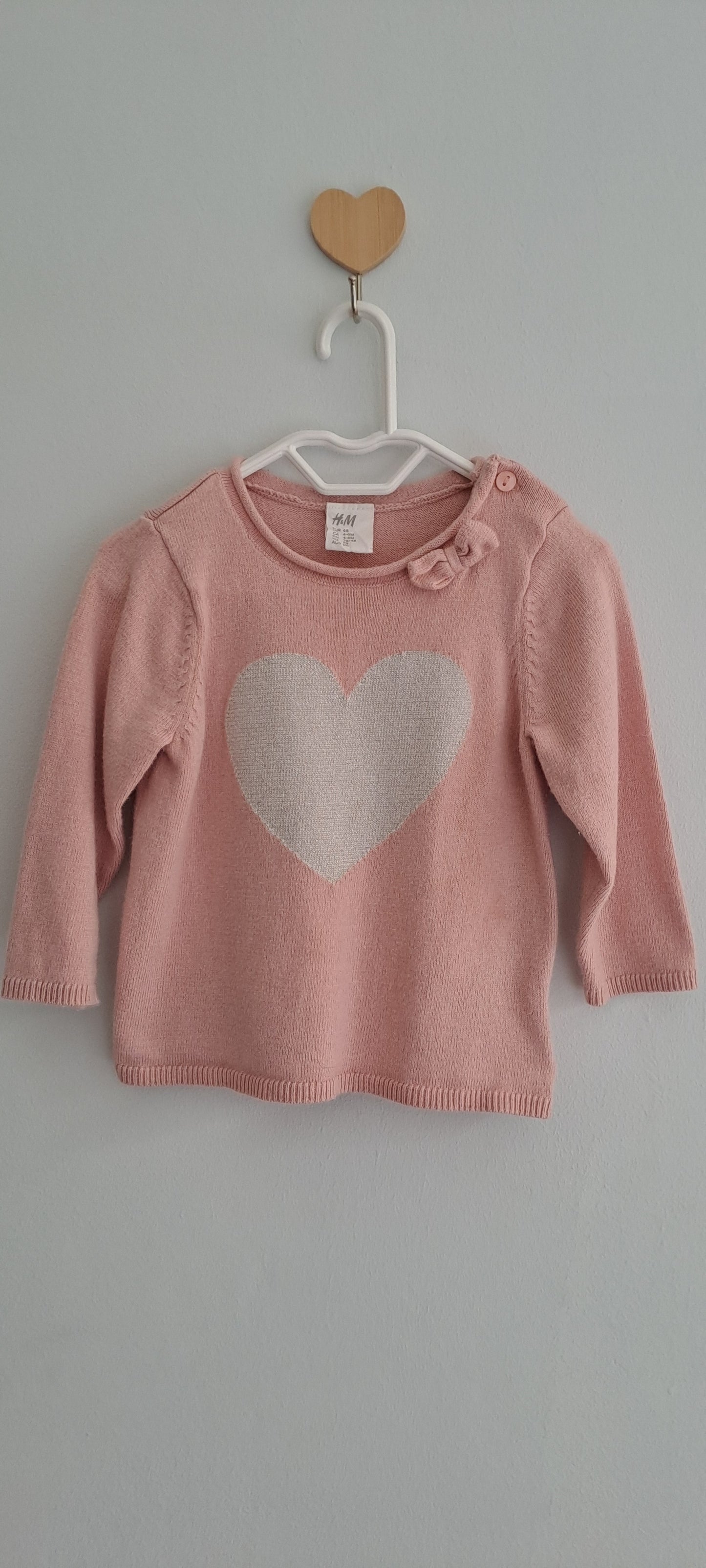 H&M Baby Girl Heart Fine-Knit Jumper with Bow Dusky Pink 3-6 Months