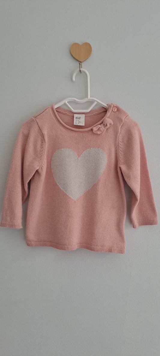 H&M Baby Girl Heart Fine-Knit Jumper with Bow Dusky Pink 3-6 Months