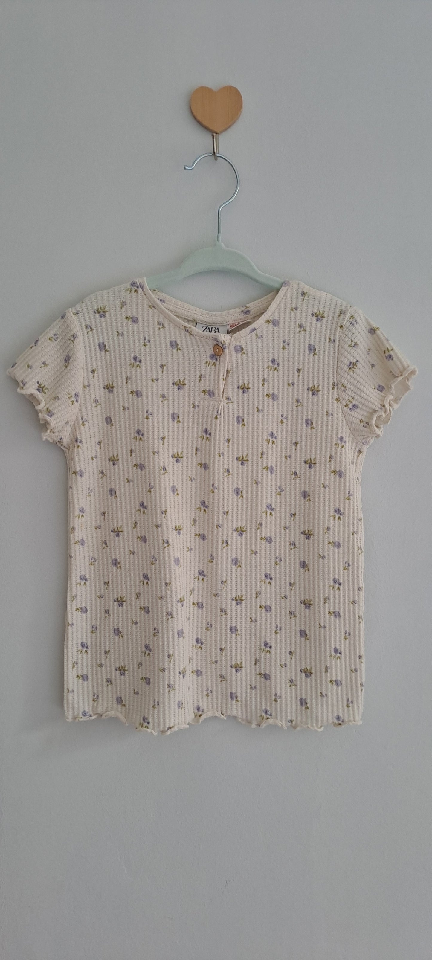 Zara Kids Girls Floral Ribbed Lettuce-Edge Henley Top Cream 4-5 Years