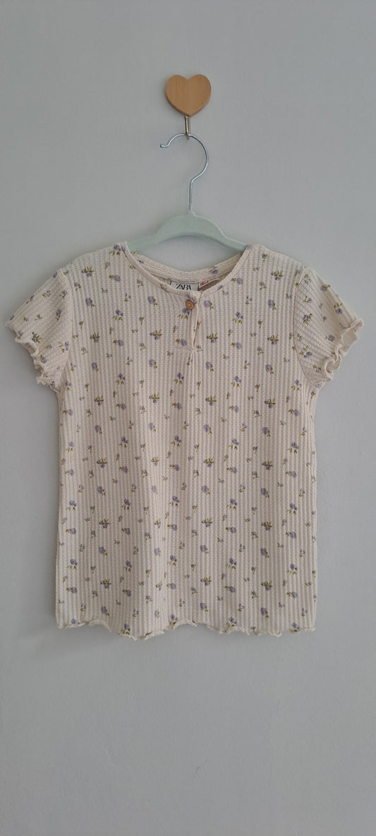 Zara Kids Girls Floral Ribbed Lettuce-Edge Henley Top Cream 4-5 Years