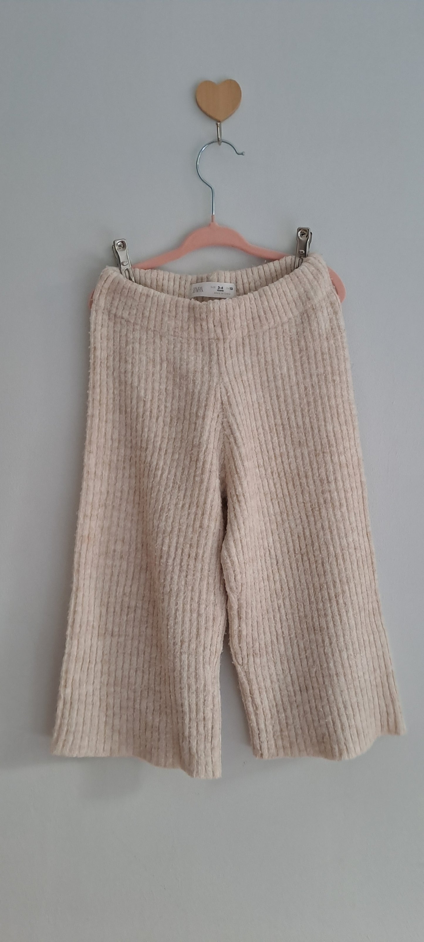 Zara Kids Girls Ribbed Knit Wide-Leg Culotte Trousers Oatmeal Melange 3-4 Years