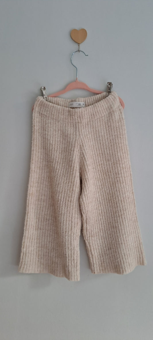 Zara Kids Girls Ribbed Knit Wide-Leg Culotte Trousers Oatmeal Melange 3-4 Years