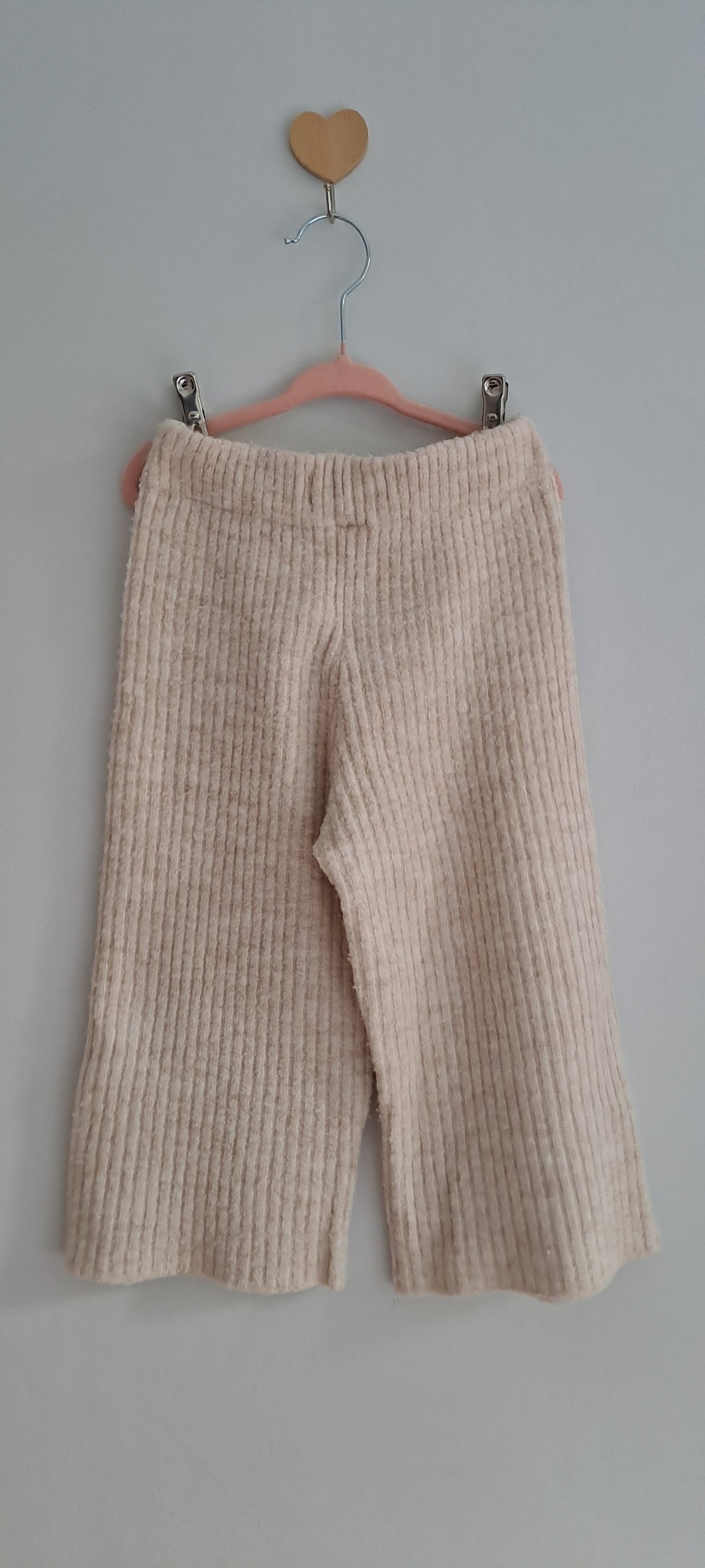 Zara Kids Girls Ribbed Knit Wide-Leg Culotte Trousers Oatmeal Melange 3-4 Years
