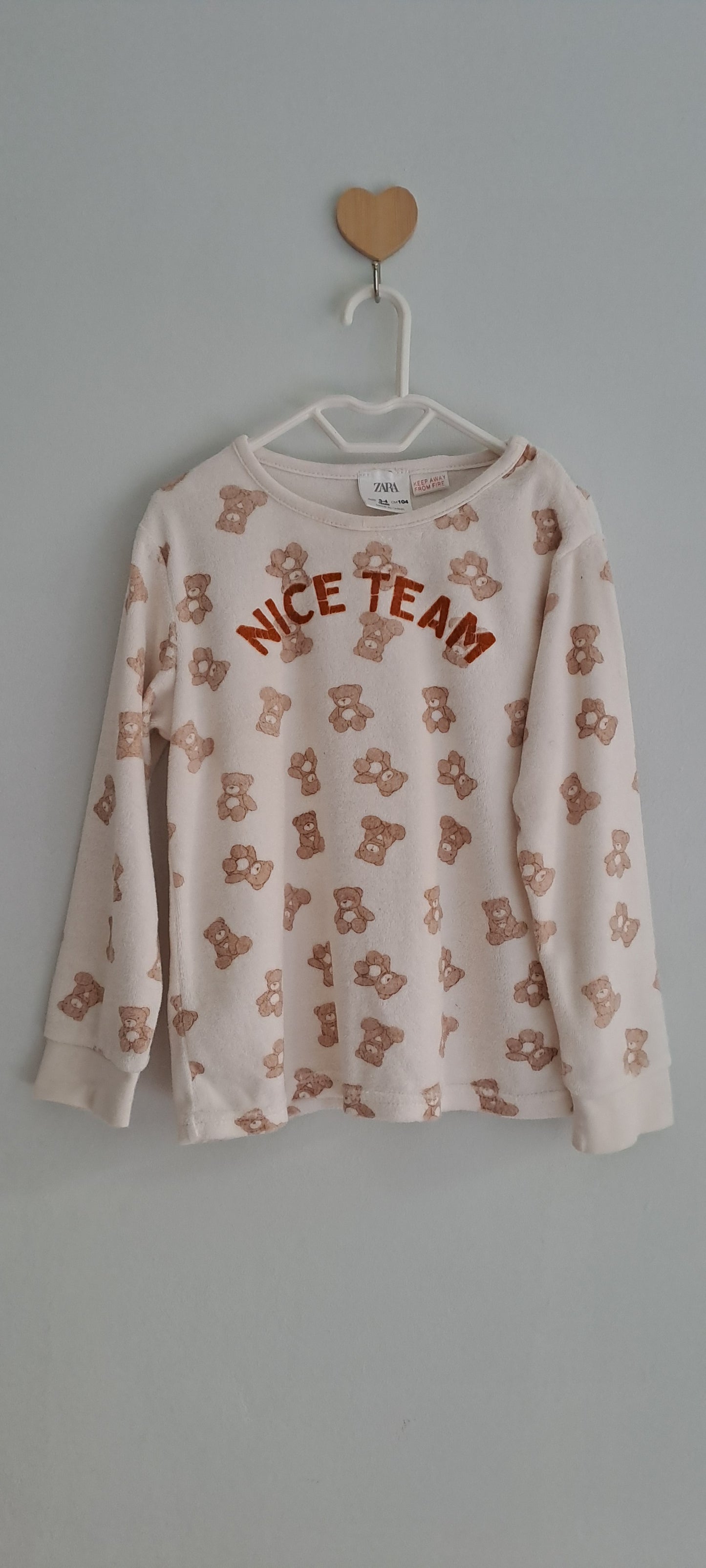Zara Kids Unisex "Nice Team" Teddy Bear Fluffy Pyjama Set Cream 3-4 Years