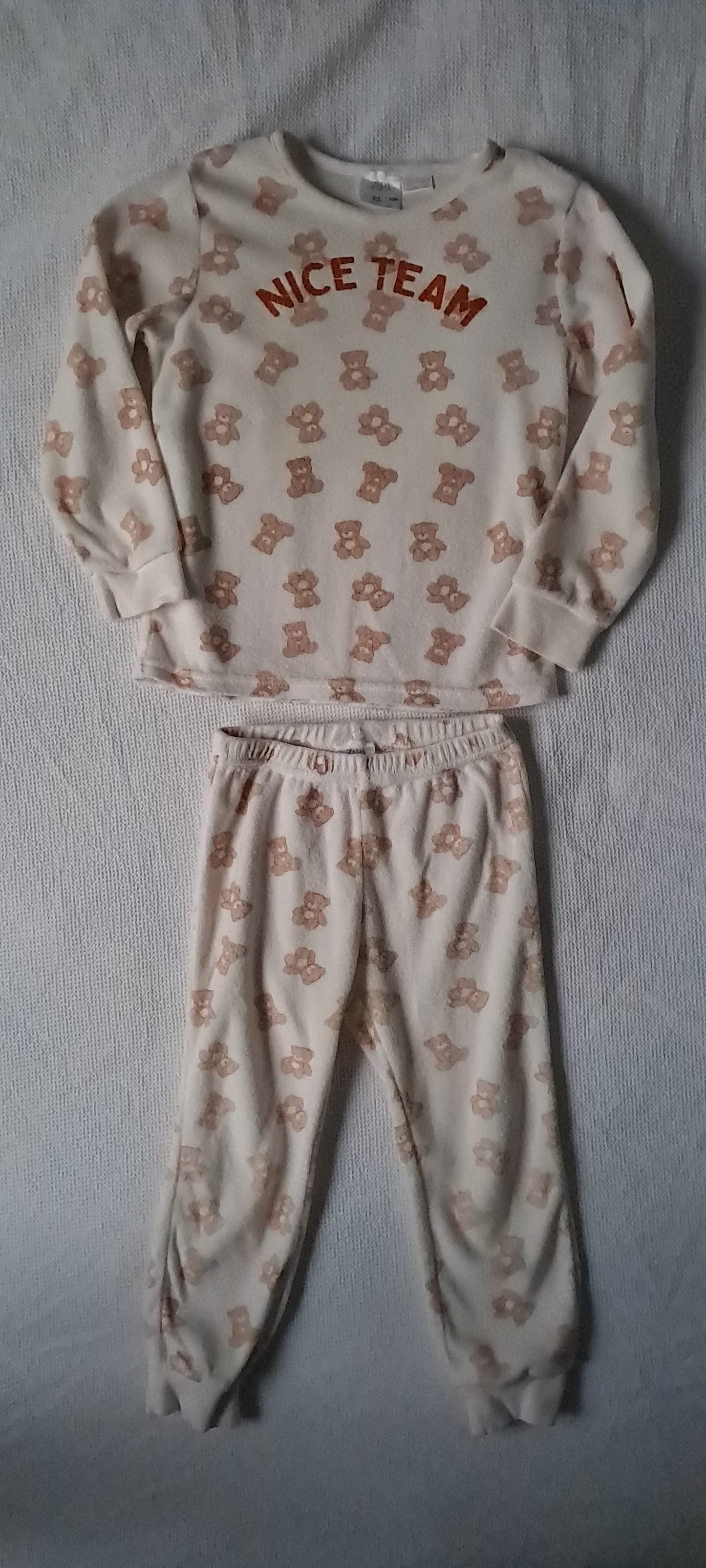 Zara Kids Unisex "Nice Team" Teddy Bear Fluffy Pyjama Set Cream 3-4 Years