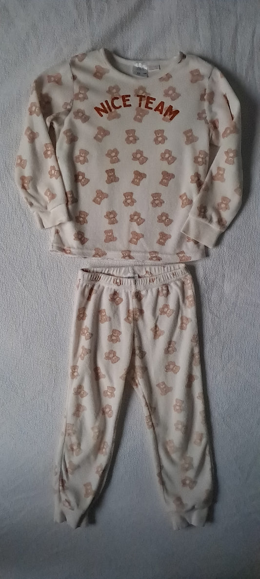 Zara Kids Unisex "Nice Team" Teddy Bear Fluffy Pyjama Set Cream 3-4 Years