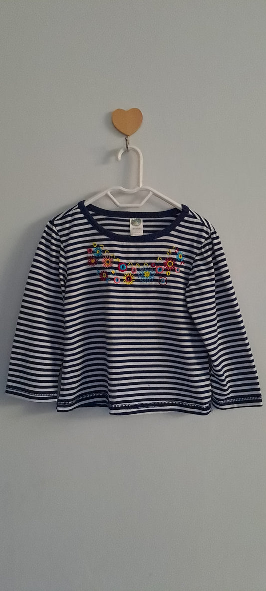 Ackermans Navy & White Striped Embroidered Floral Long Sleeve Top 12-18 Months