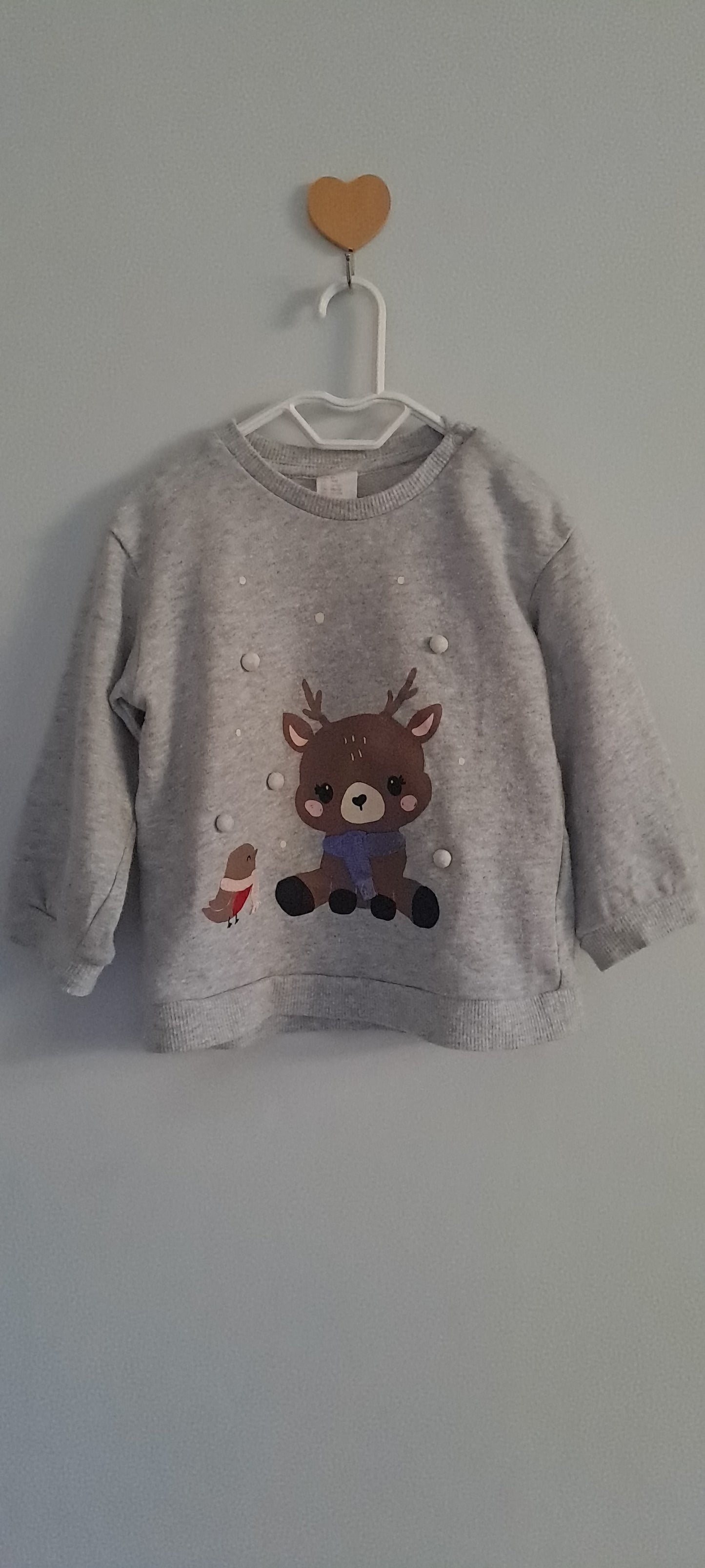 H&M Grey Melange Reindeer & 3D Pom-Pom Sweatshirt 12-18 Months