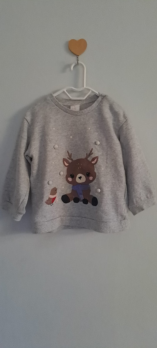 H&M Grey Melange Reindeer & 3D Pom-Pom Sweatshirt 12-18 Months