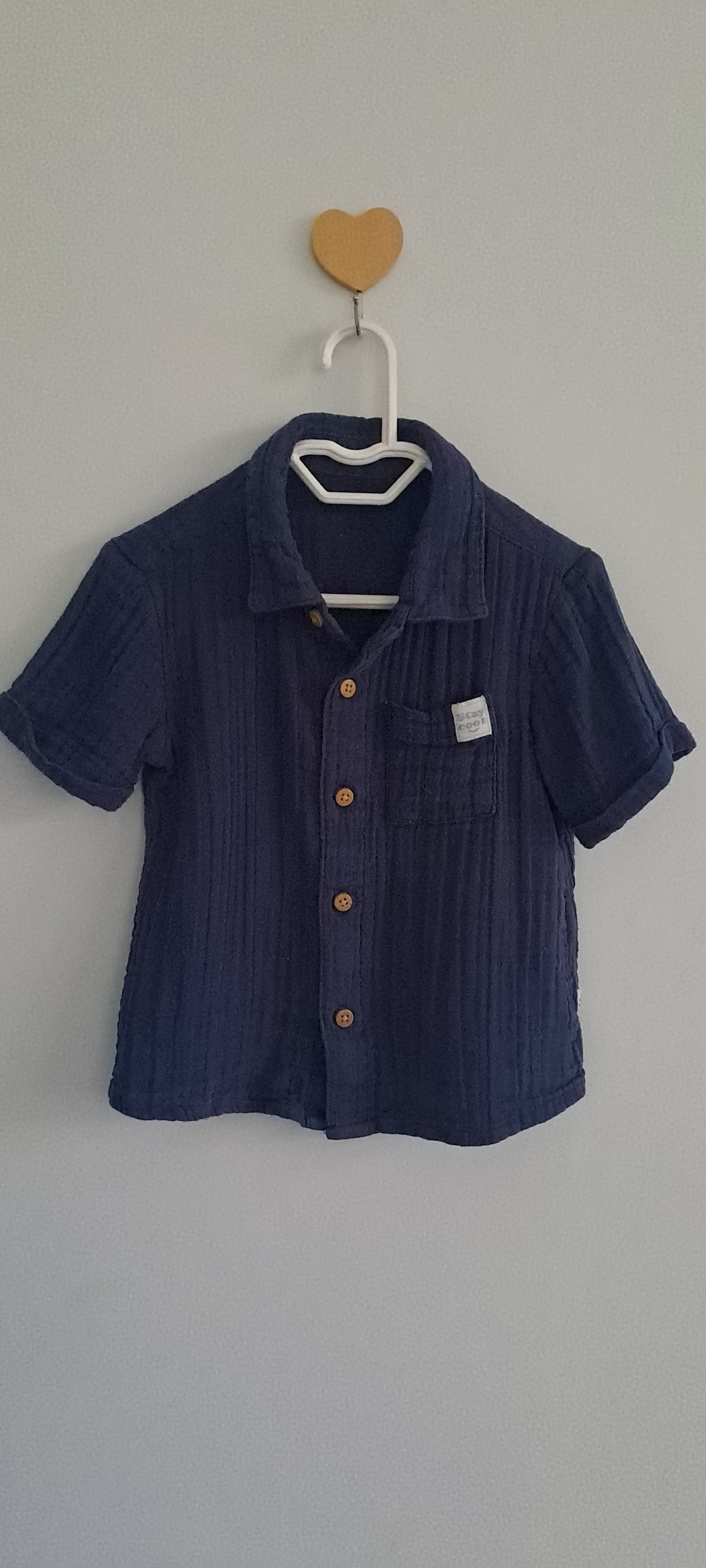 Woolworths Wooliesbabes Navy Blue Cotton Muslin Gauze Short-Sleeve Button-Up Shirt 6-12 Months