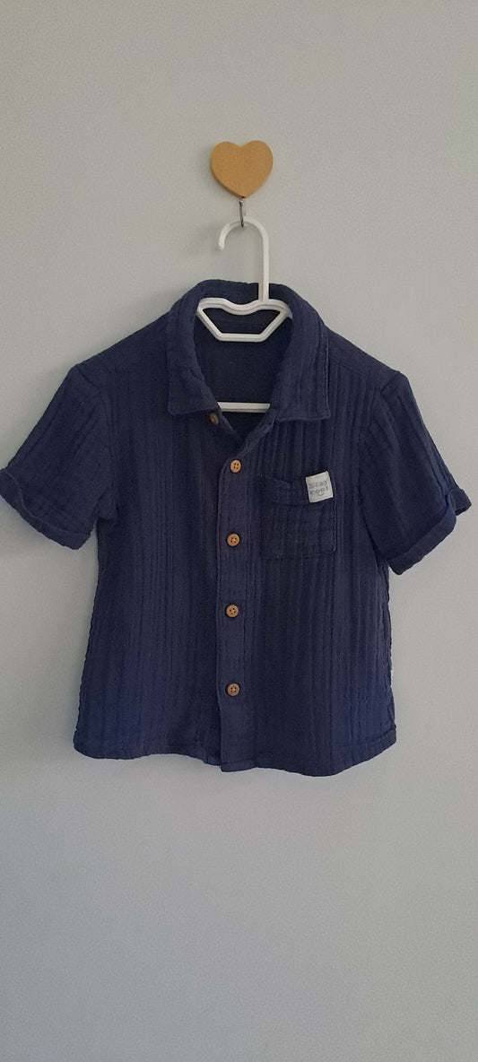 Woolworths Wooliesbabes Navy Blue Cotton Muslin Gauze Short-Sleeve Button-Up Shirt 6-12 Months
