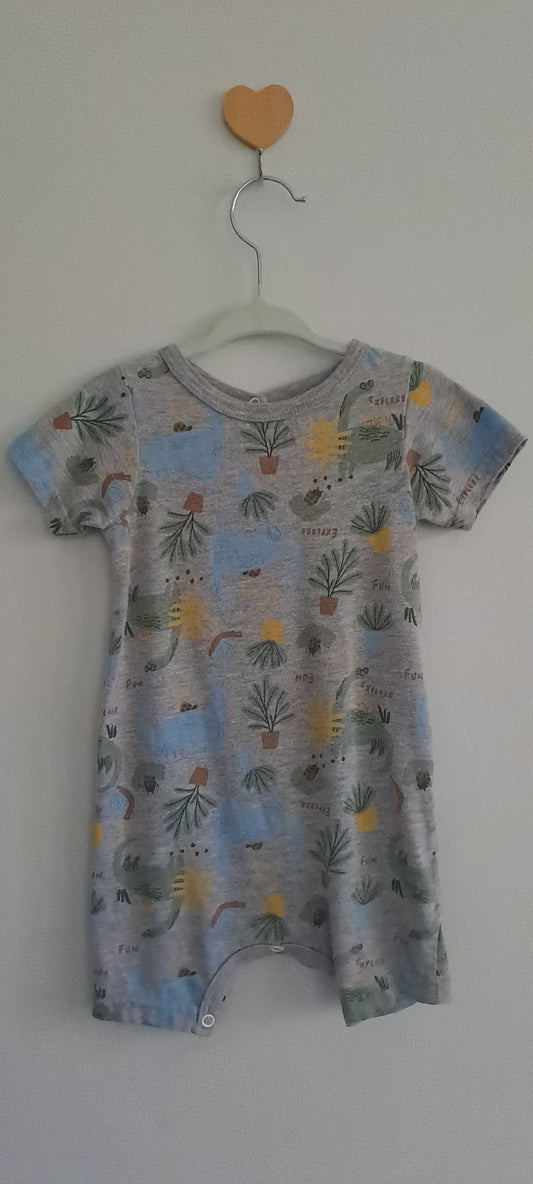 Tiny Tots Grey Marl "Explore Fun" Dinosaur All-Over Print Romper 12-18 Months