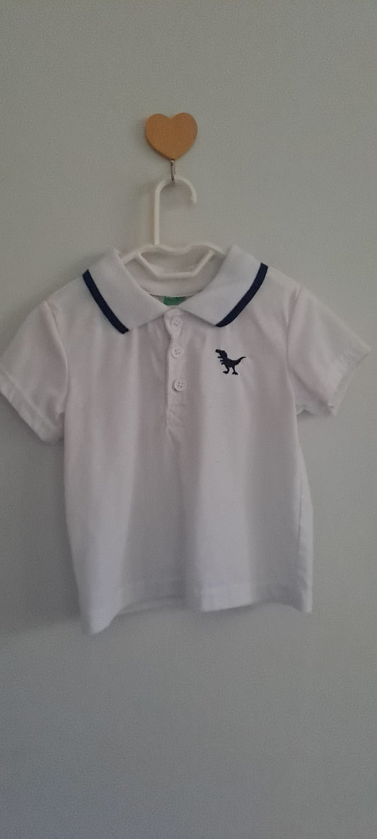 Ackermans White Short-Sleeve Tipped Polo Shirt with Dinosaur Embroidery 6-12 Months