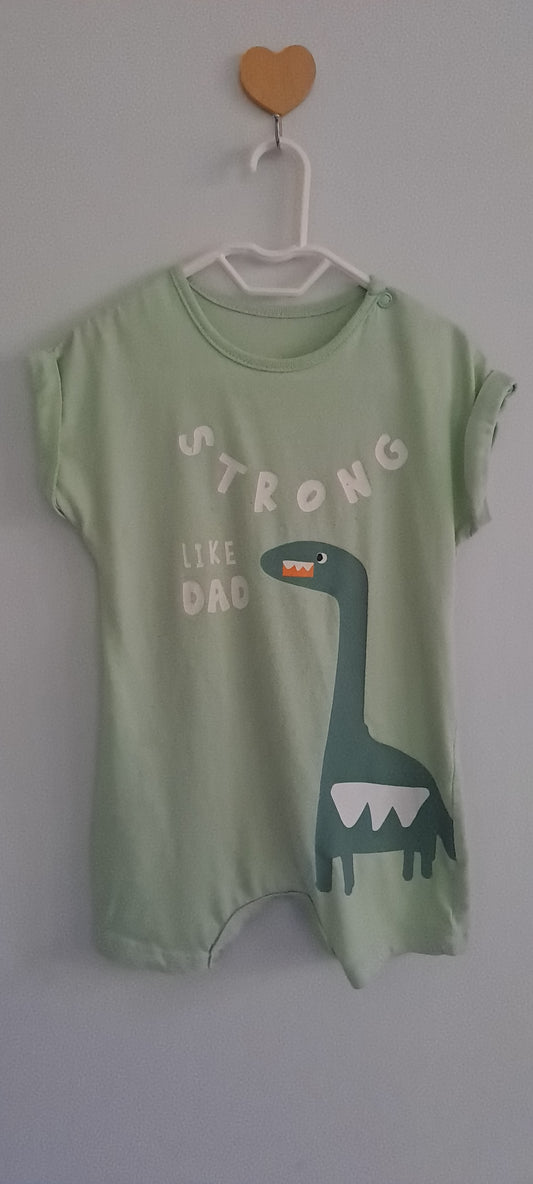Woolworths Wooliesbabes Mint Green "Strong Like Dad" Dinosaur Romper 6-12 Months