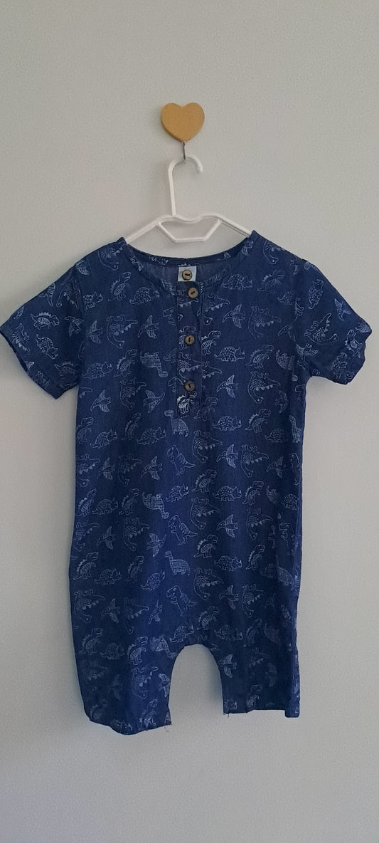 Tiny Tots Chambray Indigo Faux-Henley Dinosaur Print Summer Romper 12-18 Months