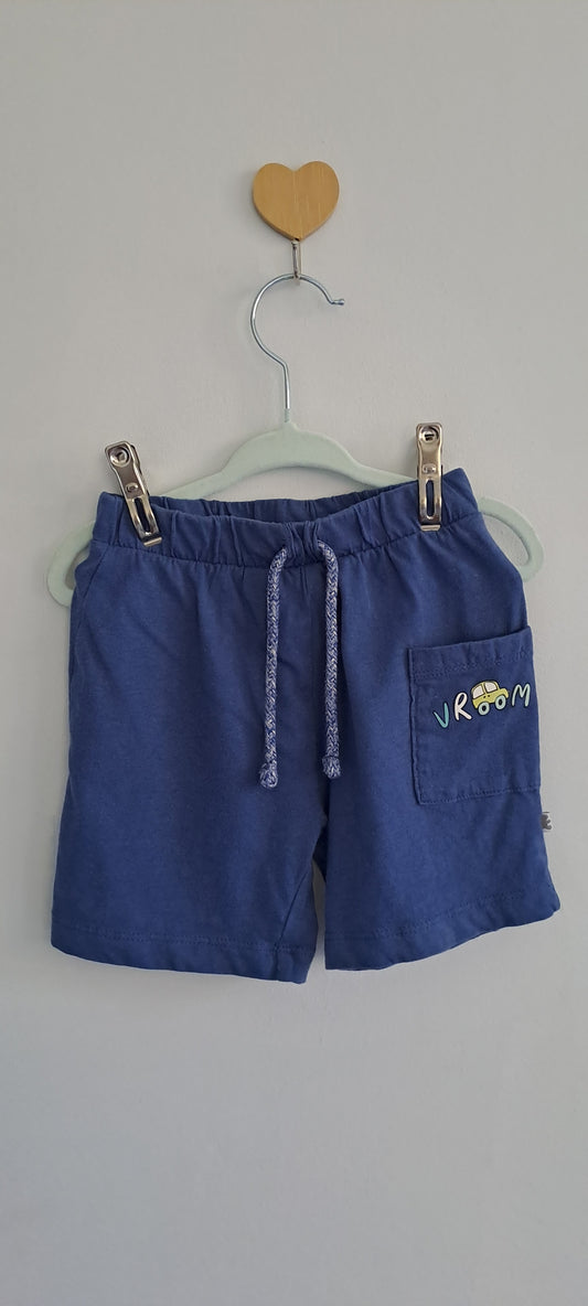Woolworths Wooliesbabes Mid-Blue "VROOM" Car Pocket Cotton Shorts 6-12 Months
