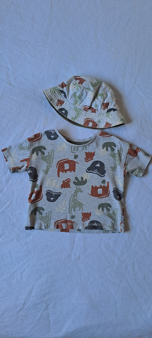 Woolworths Wooliesbabes 2-Piece Safari Animal T-Shirt & Matching Bucket Hat Set 6-12 Months
