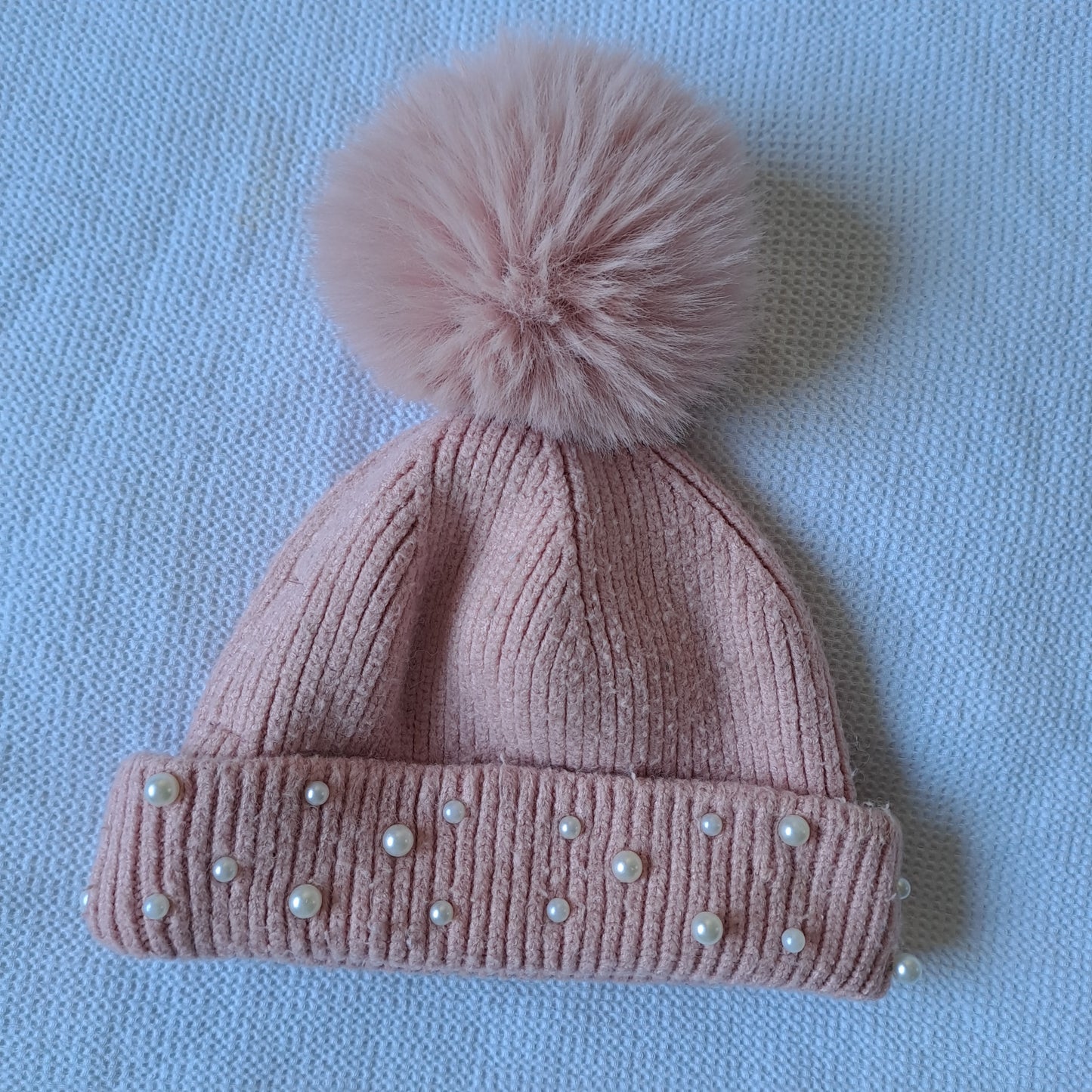 Zara Girls Pink Pearl-Embellished Ribbed Knit Beanie Hat with Faux Fur Pom-Pom